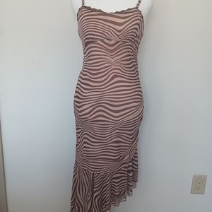 y2k brown zebra print lace ruched asymmetrical maxi dress